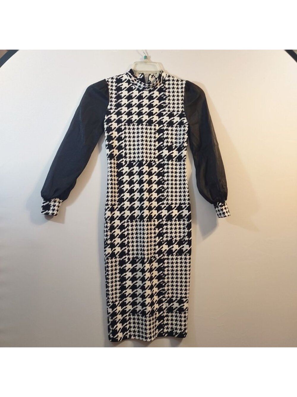 Shein Girls Houndstooth Long Sleeve Midi Dress w/Sheer Black Puff Sleeves-12y